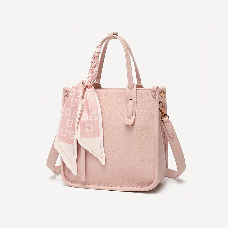 Pink Scarf Decor Tote Bag Litchi Embossed Satchel Casual Handbag