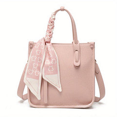 Pink Scarf Decor Tote Bag Litchi Embossed Satchel Casual Handbag