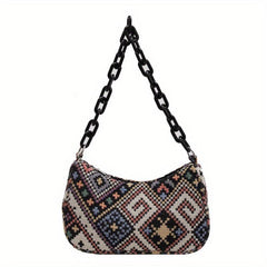Ethnic Fabric Handbag Geometric Chain Shoulder Bag Women's Boho Style Purse