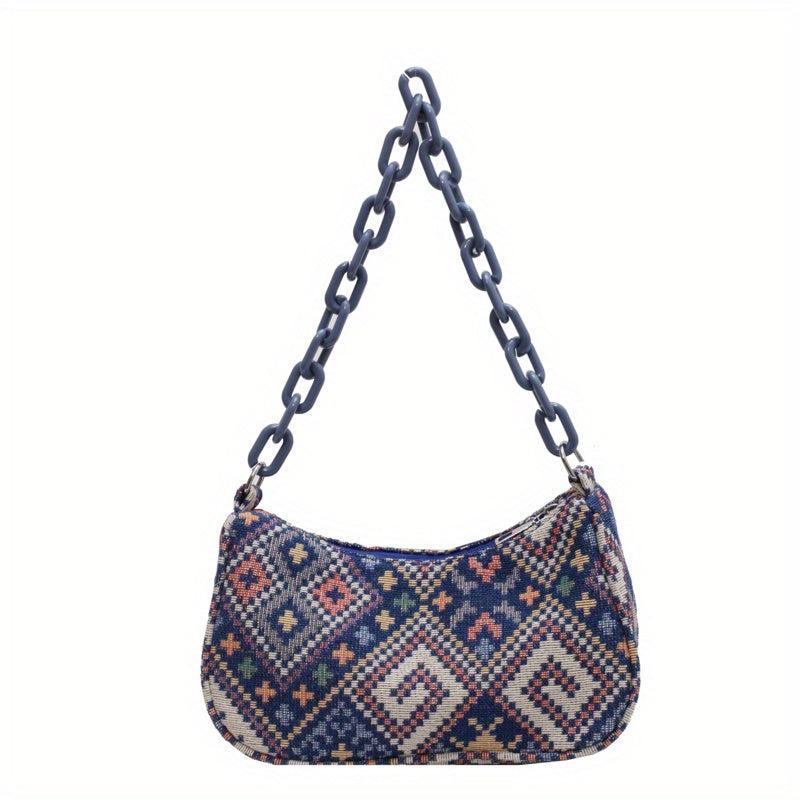 Ethnic Fabric Handbag Geometric Chain Shoulder Bag Women's Boho Style Purse