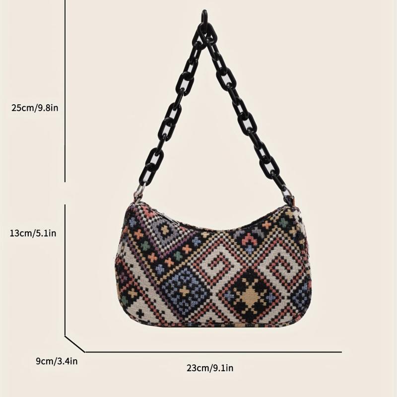 Ethnic Fabric Handbag Geometric Chain Shoulder Bag Women's Boho Style Purse