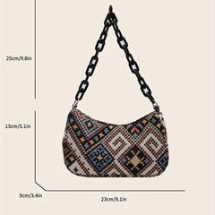 Ethnic Fabric Handbag Geometric Chain Shoulder Bag Women's Boho Style Purse