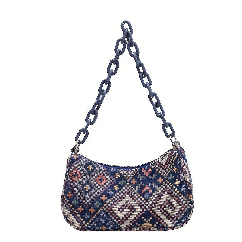 Ethnic Fabric Handbag Geometric Chain Shoulder Bag Women's Boho Style Purse