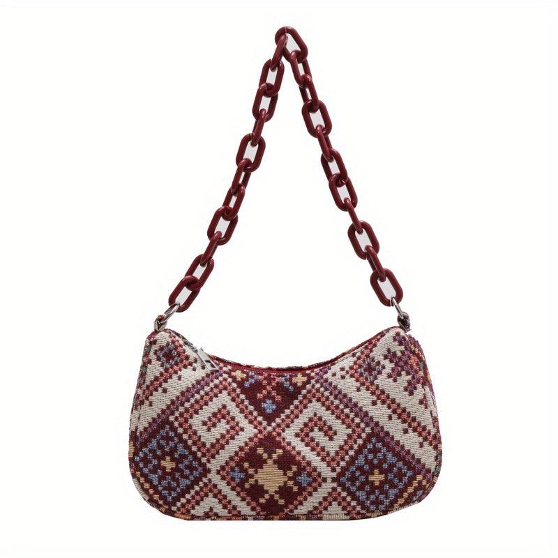 Ethnic Fabric Handbag Geometric Chain Shoulder Bag Women's Boho Style Purse