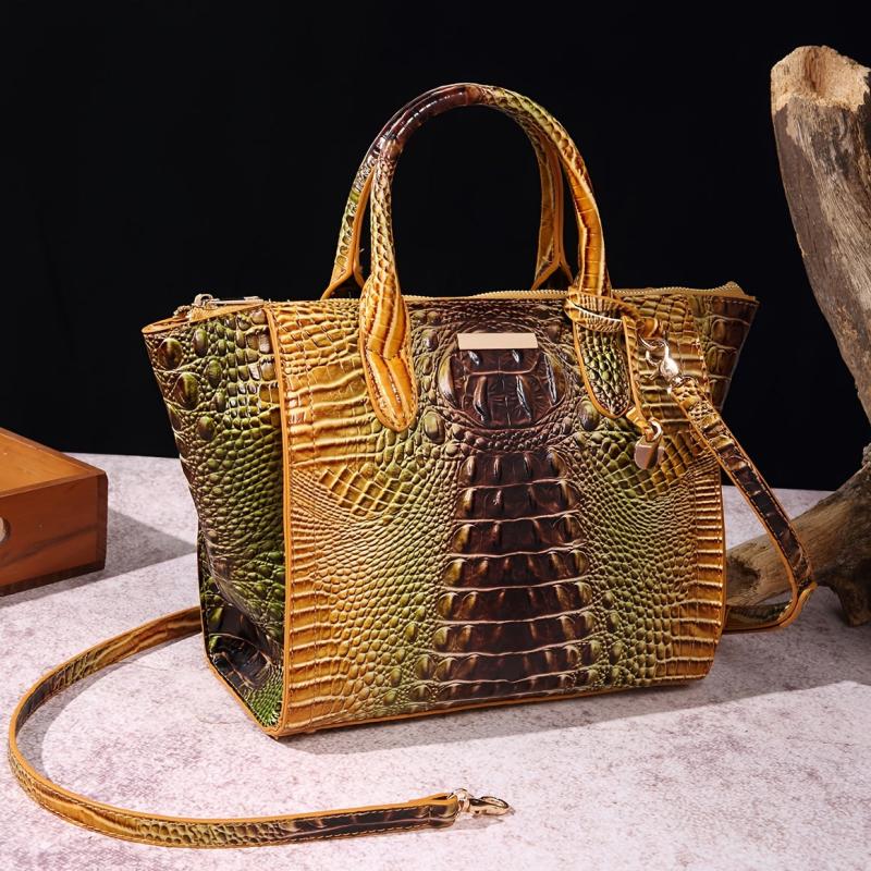 Vintage Crocodile Pattern Tote Bag Retro Top Handle Satchel
