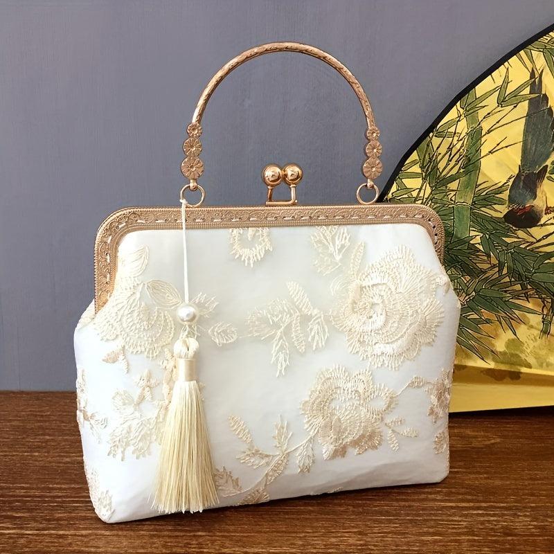 Chinese Flower Embroidery Tassel Clutch Purse Metal Chain Crossbody Bag