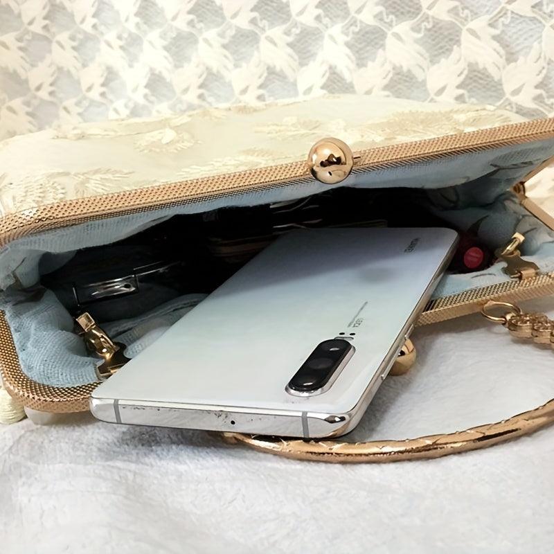 Chinese Flower Embroidery Tassel Clutch Purse Metal Chain Crossbody Bag