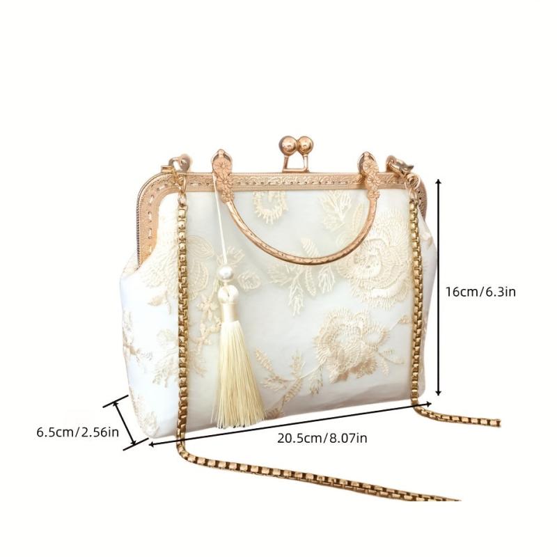 Chinese Flower Embroidery Tassel Clutch Purse Metal Chain Crossbody Bag