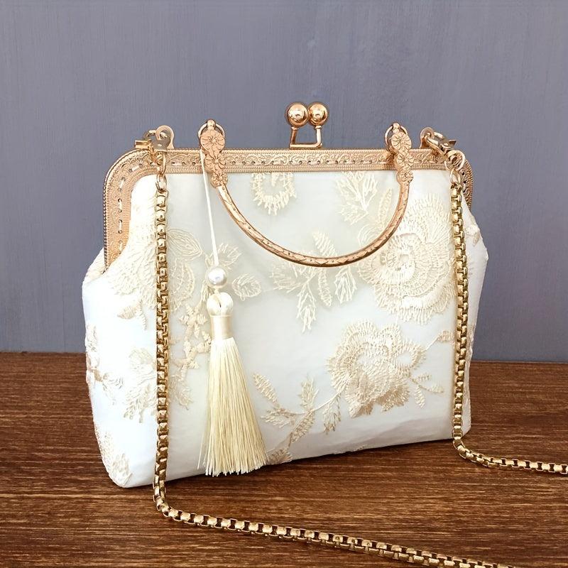 Chinese Flower Embroidery Tassel Clutch Purse Metal Chain Crossbody Bag