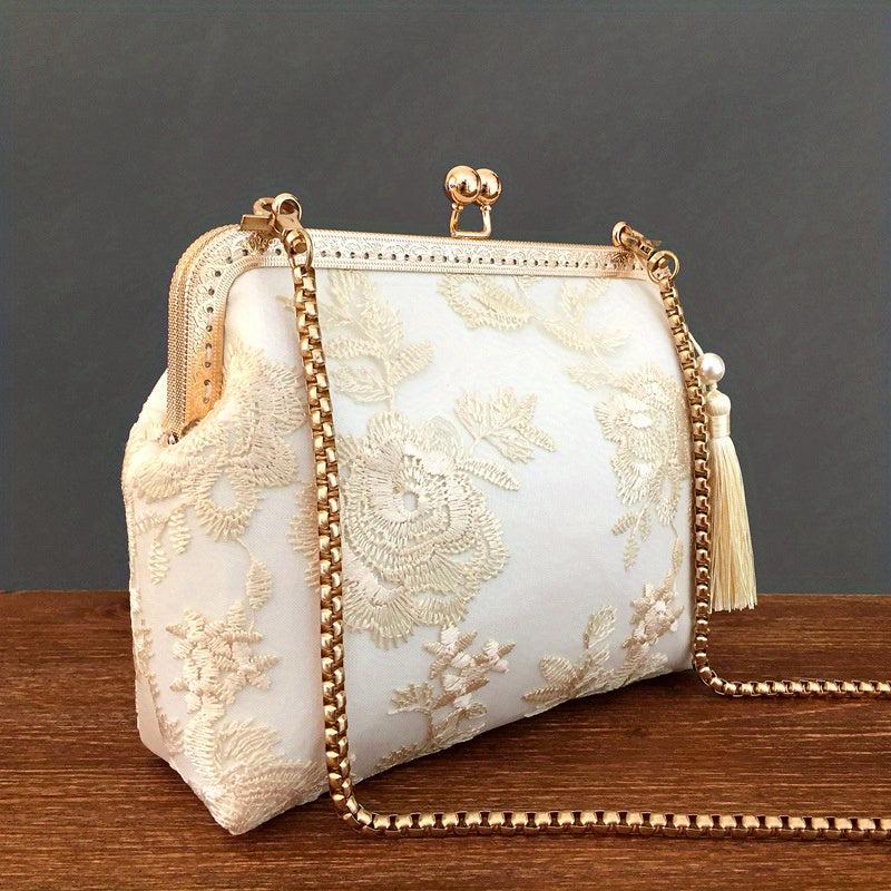 Chinese Flower Embroidery Tassel Clutch Purse Metal Chain Crossbody Bag