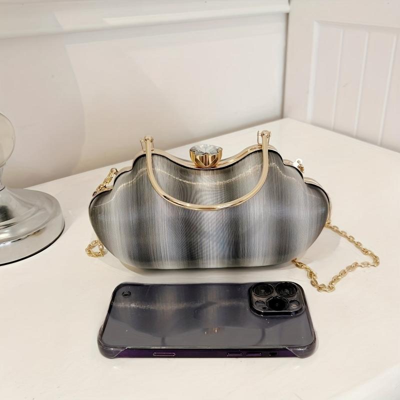 Gradient Glossy Metal Chain Clutch Elegant Textured Handle Frame Purse