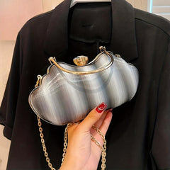 Gradient Glossy Metal Chain Clutch Elegant Textured Handle Frame Purse