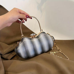 Gradient Glossy Metal Chain Clutch Elegant Textured Handle Frame Purse