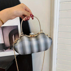 Gradient Glossy Metal Chain Clutch Elegant Textured Handle Frame Purse