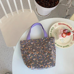 Floral Print Handbag Lunch Box Bag Corduroy Storage Bag