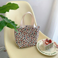 Floral Print Handbag Lunch Box Bag Corduroy Storage Bag