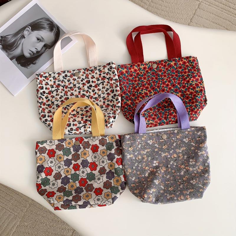 Floral Print Handbag Lunch Box Bag Corduroy Storage Bag
