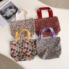 Floral Print Handbag Lunch Box Bag Corduroy Storage Bag