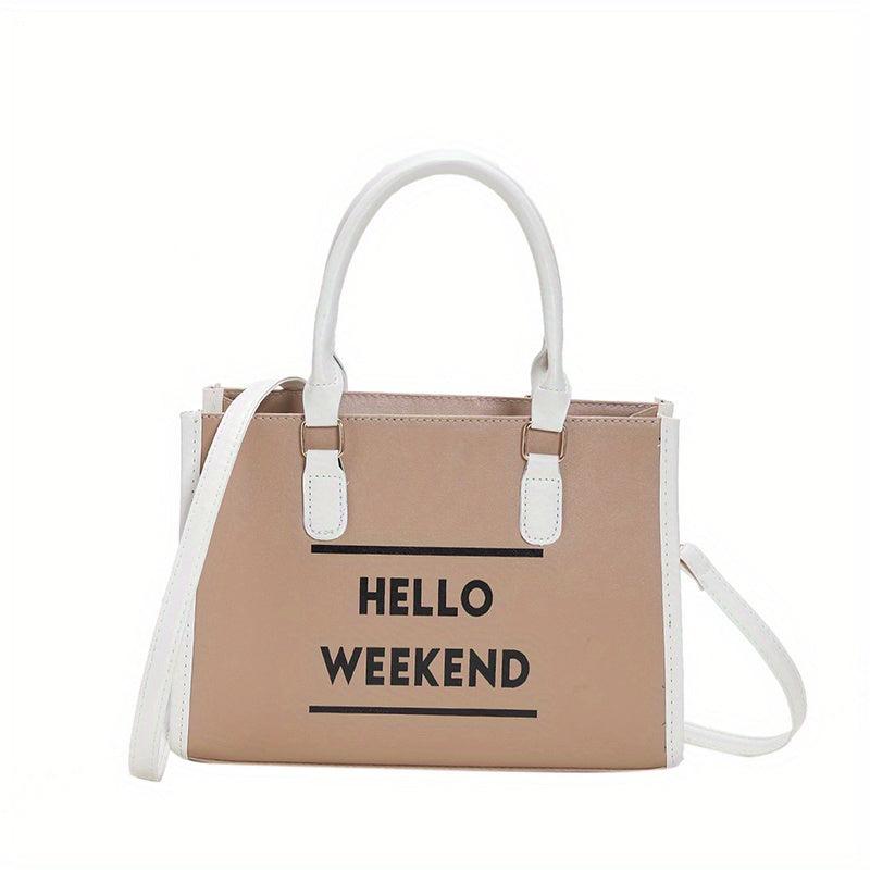 Two Tone Tote Bag Letter Print Crossbody Bag Faux Leather Handbag