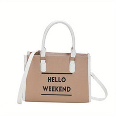 Two Tone Tote Bag Letter Print Crossbody Bag Faux Leather Handbag