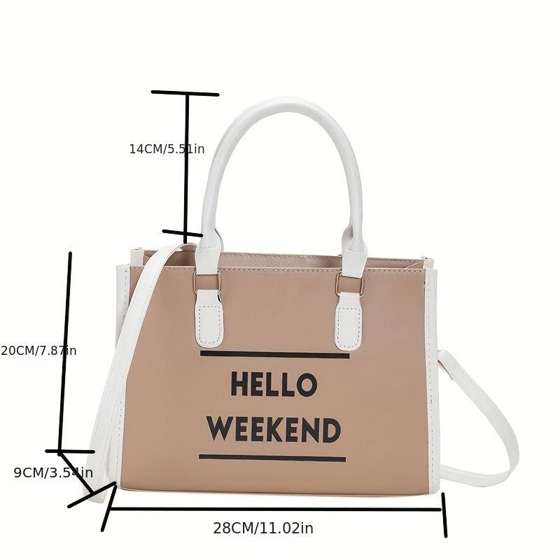Two Tone Tote Bag Letter Print Crossbody Bag Faux Leather Handbag