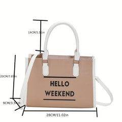 Two Tone Tote Bag Letter Print Crossbody Bag Faux Leather Handbag