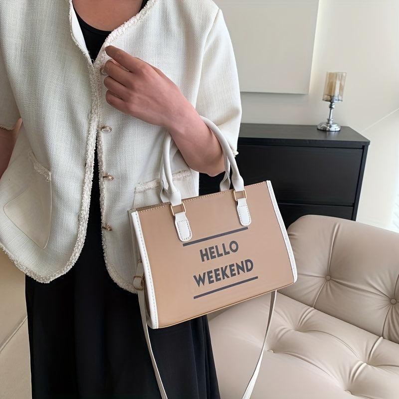 Two Tone Tote Bag Letter Print Crossbody Bag Faux Leather Handbag