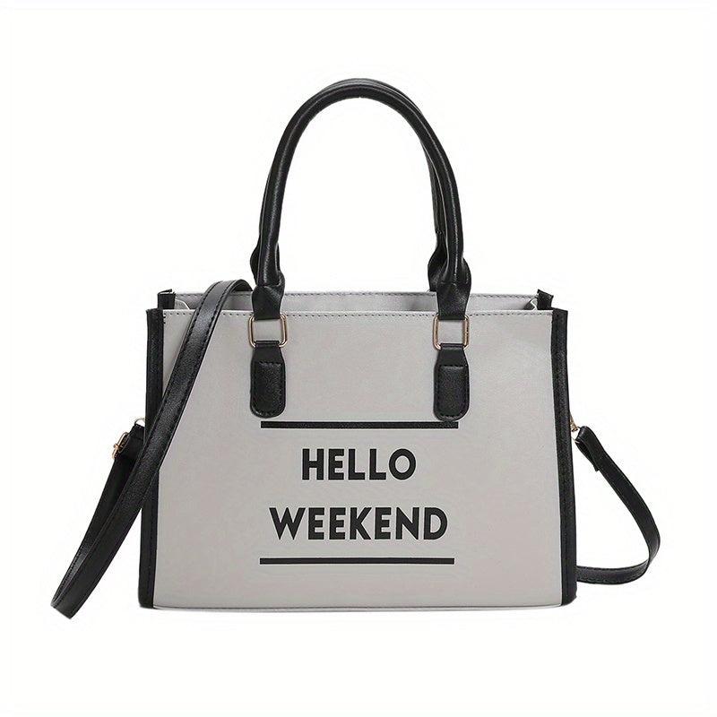 Two Tone Tote Bag Letter Print Crossbody Bag Faux Leather Handbag