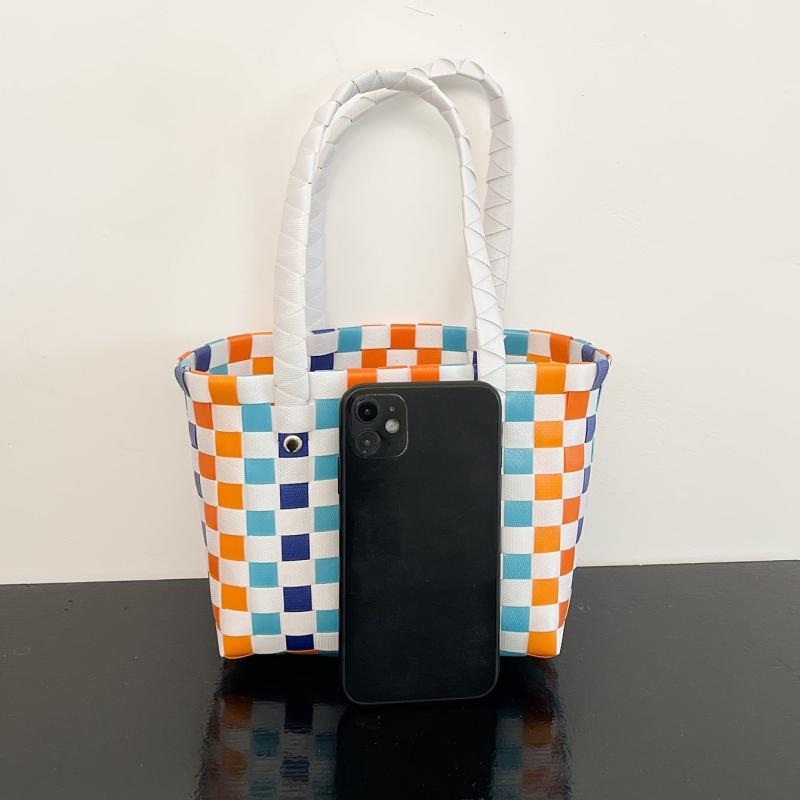 Colorblock Checkered Tote Bag for Vacation & Beach 6x5x9 inch