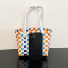 Colorblock Checkered Tote Bag for Vacation & Beach 6x5x9 inch