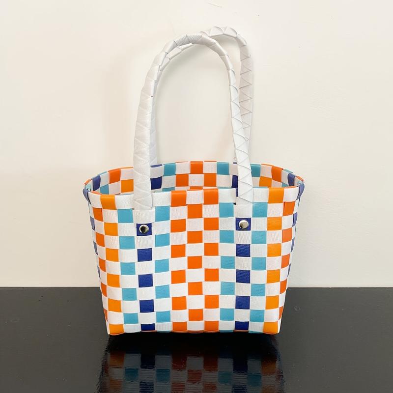 Colorblock Checkered Tote Bag for Vacation & Beach 6x5x9 inch