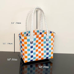 Colorblock Checkered Tote Bag for Vacation & Beach 6x5x9 inch