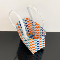 Colorblock Checkered Tote Bag for Vacation & Beach 6x5x9 inch