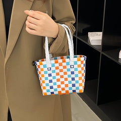 Colorblock Checkered Tote Bag for Vacation & Beach 6x5x9 inch