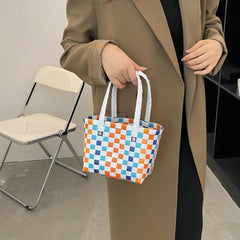 Colorblock Checkered Tote Bag for Vacation & Beach 6x5x9 inch