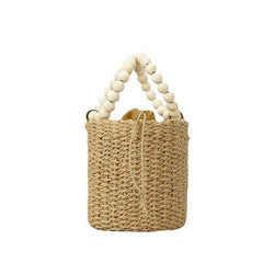 Bohemian Straw Bucket Bag Beaded Top Handles Drawstring Bag