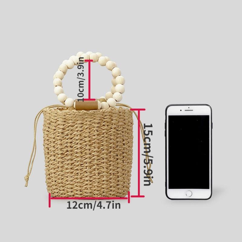 Bohemian Straw Bucket Bag Beaded Top Handles Drawstring Bag