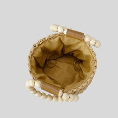 Bohemian Straw Bucket Bag Beaded Top Handles Drawstring Bag