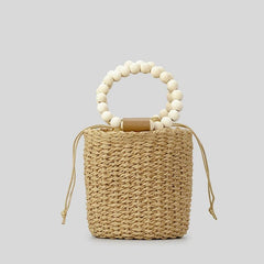 Bohemian Straw Bucket Bag Beaded Top Handles Drawstring Bag