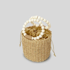 Bohemian Straw Bucket Bag Beaded Top Handles Drawstring Bag