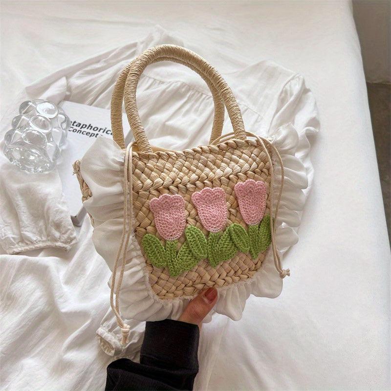 Woven Flower Decor Tote Bag Crochet Handbag Bucket Purse for Summer Beach