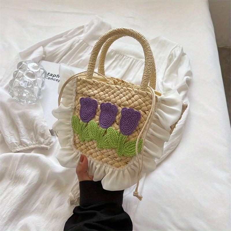 Woven Flower Decor Tote Bag Crochet Handbag Bucket Purse for Summer Beach