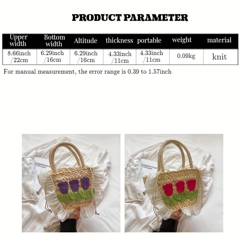 Woven Flower Decor Tote Bag Crochet Handbag Bucket Purse for Summer Beach