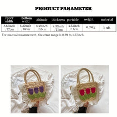 Woven Flower Decor Tote Bag Crochet Handbag Bucket Purse for Summer Beach