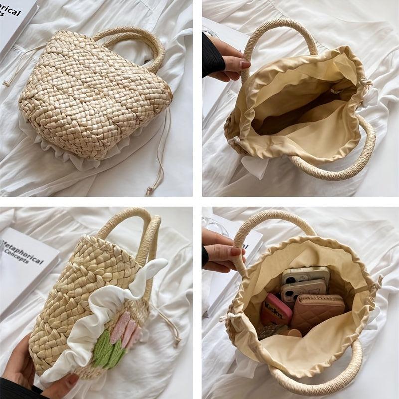 Woven Flower Decor Tote Bag Crochet Handbag Bucket Purse for Summer Beach