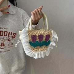 Woven Flower Decor Tote Bag Crochet Handbag Bucket Purse for Summer Beach