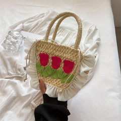 Woven Flower Decor Tote Bag Crochet Handbag Bucket Purse for Summer Beach