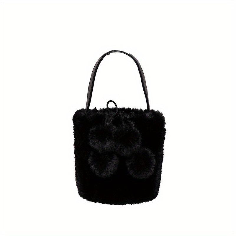 Faux Fur Pom Pom Bucket Bag Plush Drawstring Satchel