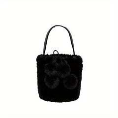 Faux Fur Pom Pom Bucket Bag Plush Drawstring Satchel