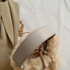 Faux Fur Pom Pom Bucket Bag Plush Drawstring Satchel